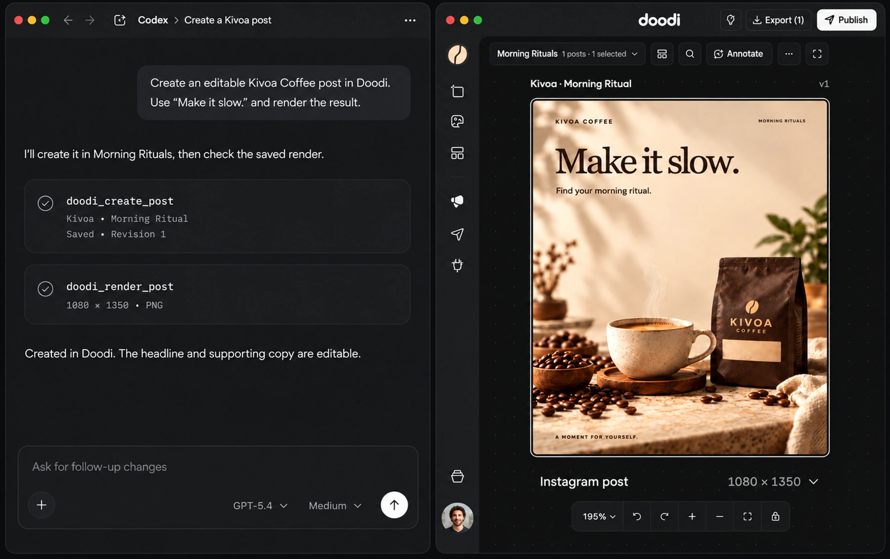 Illustrated Codex and Doodi MCP workflow: create and render an editable Kivoa Coffee post, with the saved design in Doodi on the right.