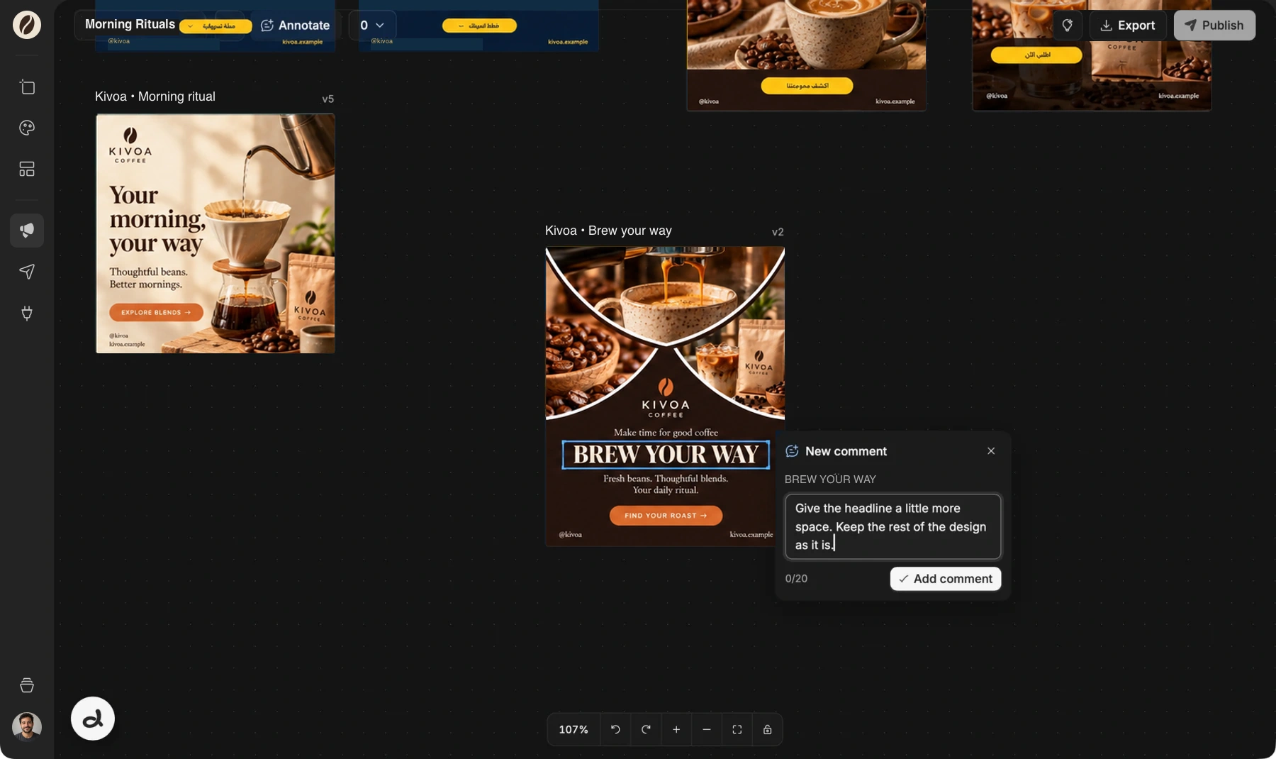 Doodi canvas showing a selected area on a Kivoa Coffee design with an annotation comment.