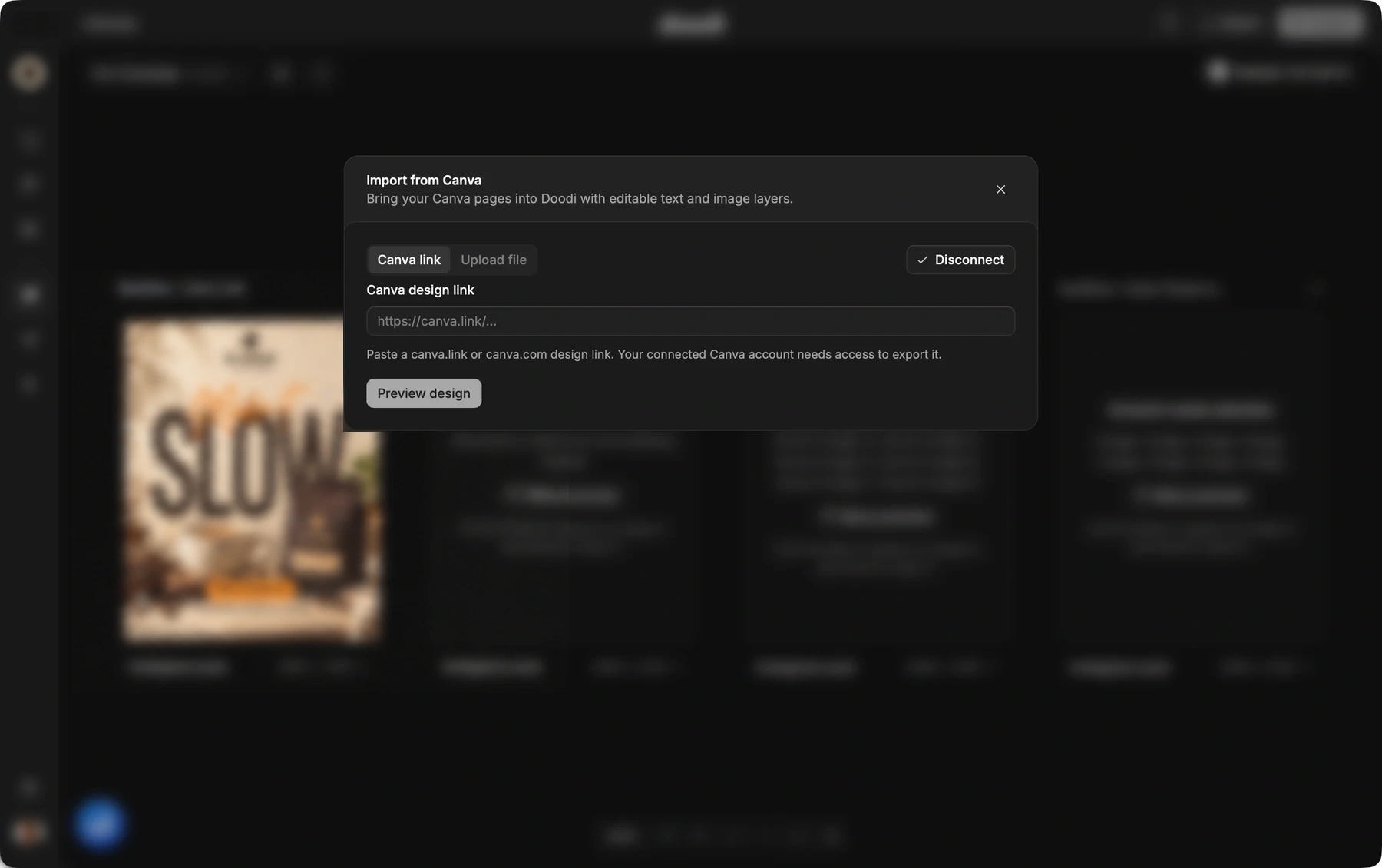 Doodi Import from Canva dialog with link and upload file options over a fictional coffee campaign.