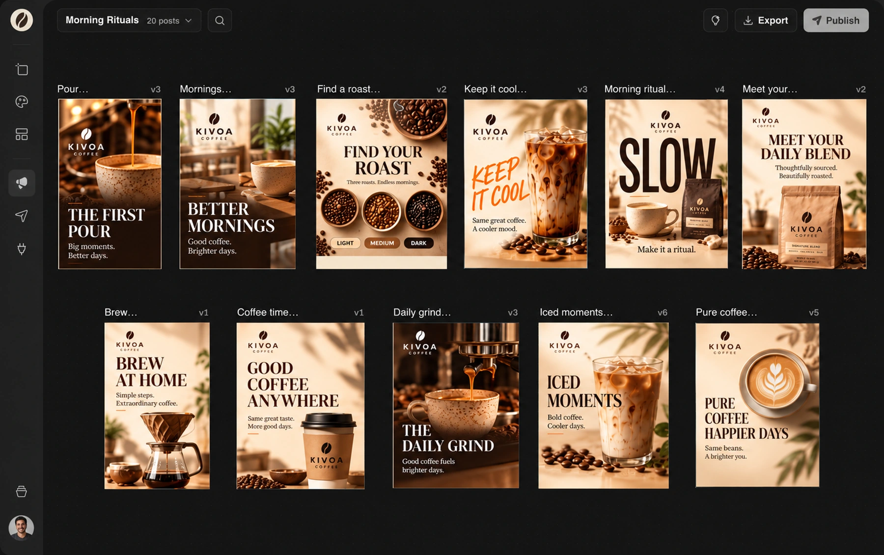 Doodi canvas with the fictional Kivoa Coffee Morning Rituals campaign arranged as social media posts.