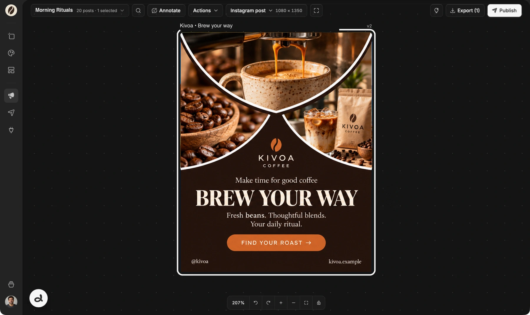 Doodi post canvas with a fictional coffee design, portrait dimensions and export controls.