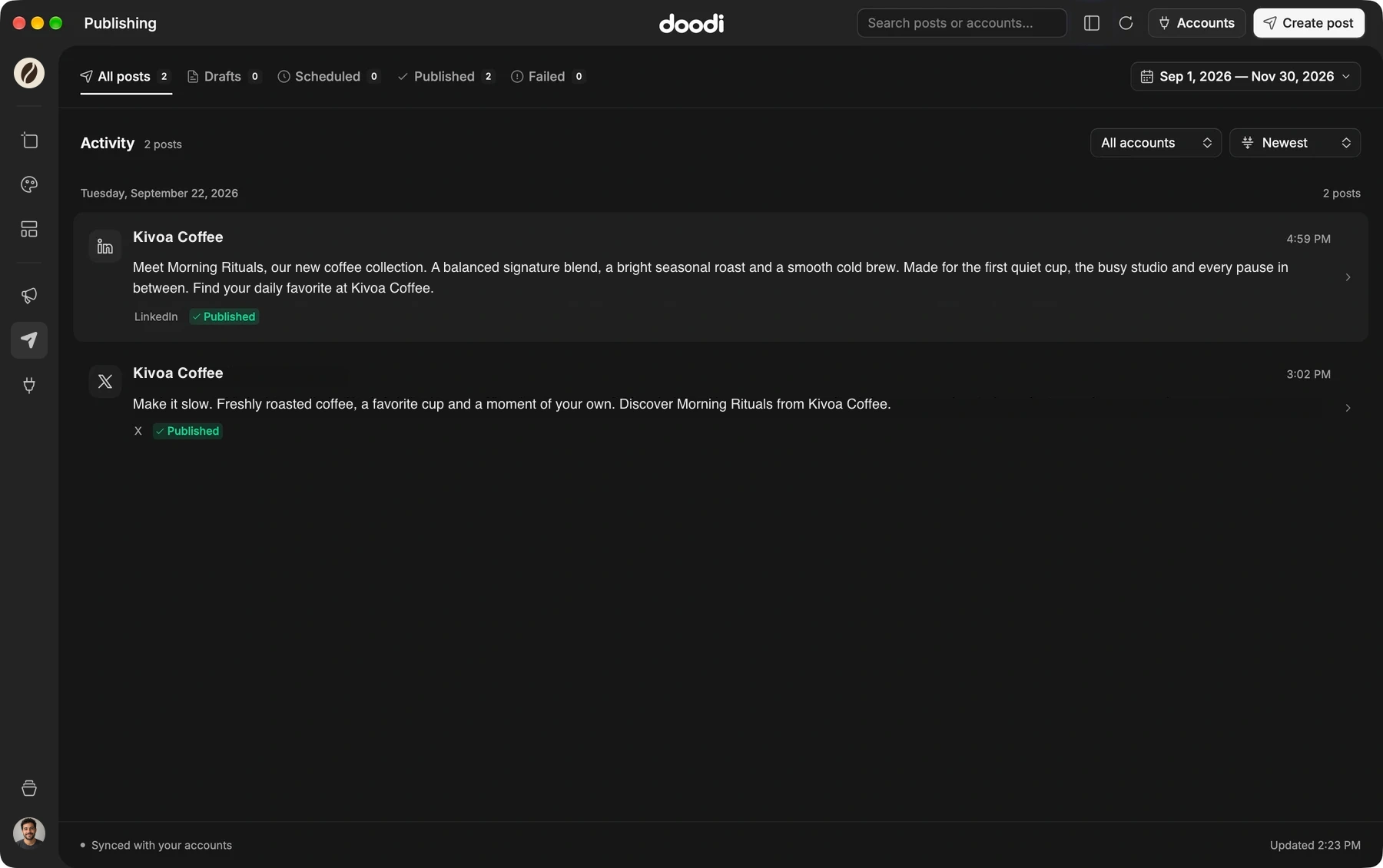 Doodi Publishing workspace showing fictional Kivoa Coffee activity and account status filters.