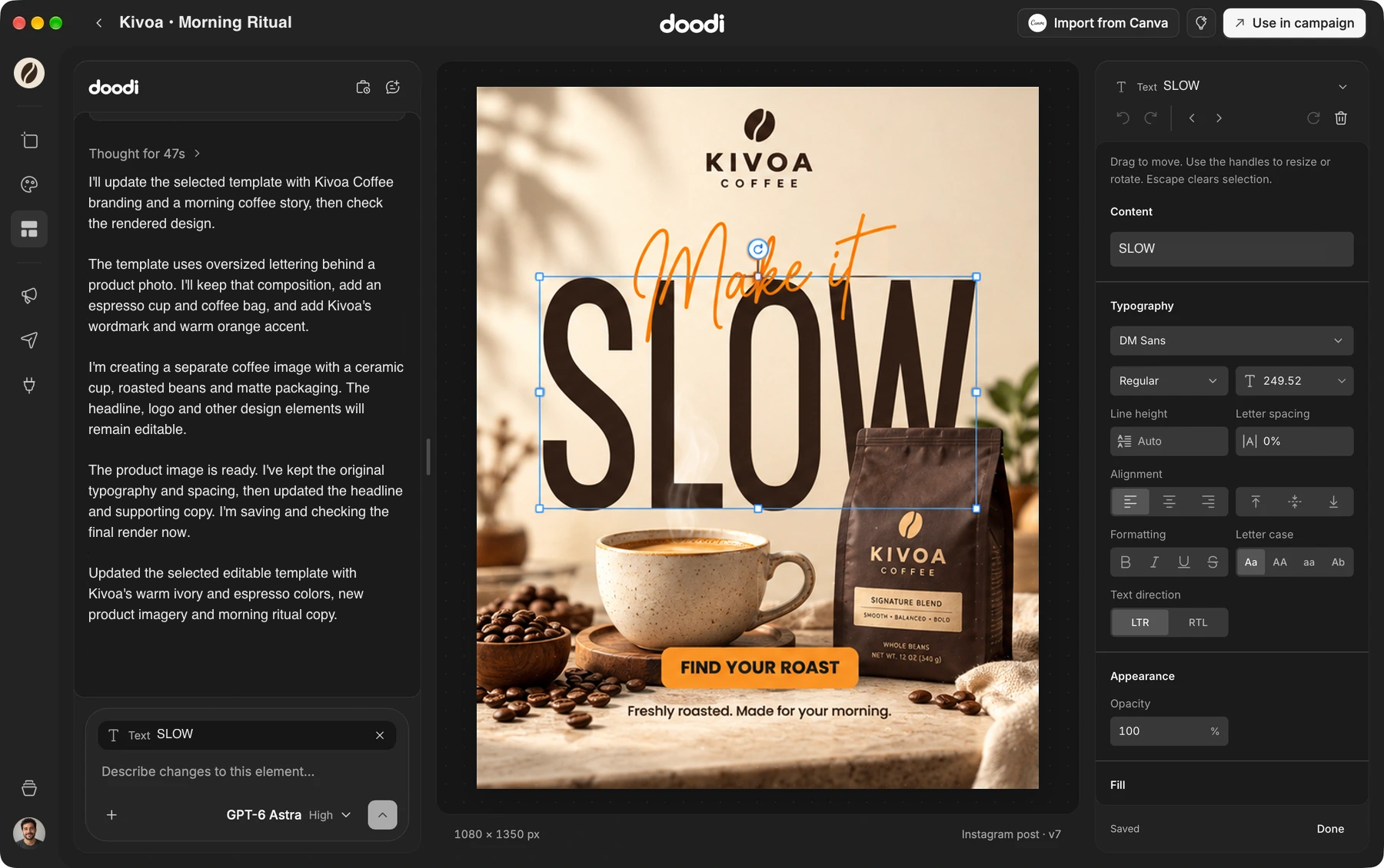 Doodi template studio with a fictional Kivoa Coffee design, AI conversation and selected headline.