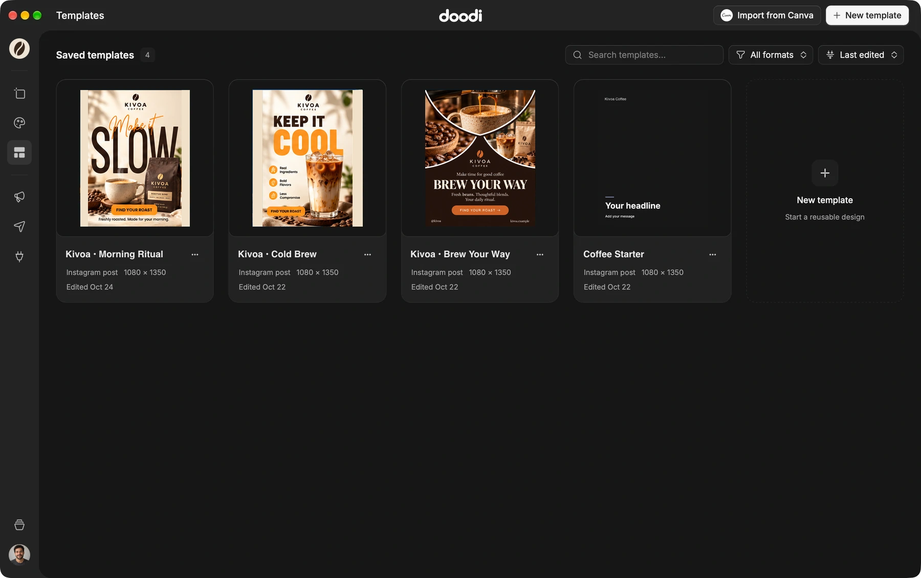 Doodi’s project template library with fictional Kivoa Coffee artwork previews, names and dimensions.
